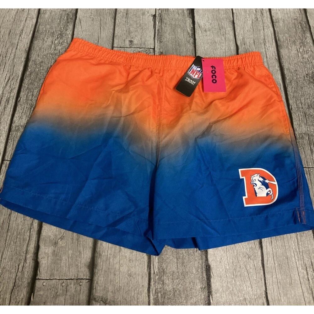 NWT Men’s FOCO Denver Broncos Swim Trunks Dip-dye Orange Blue XL Lined X-Large